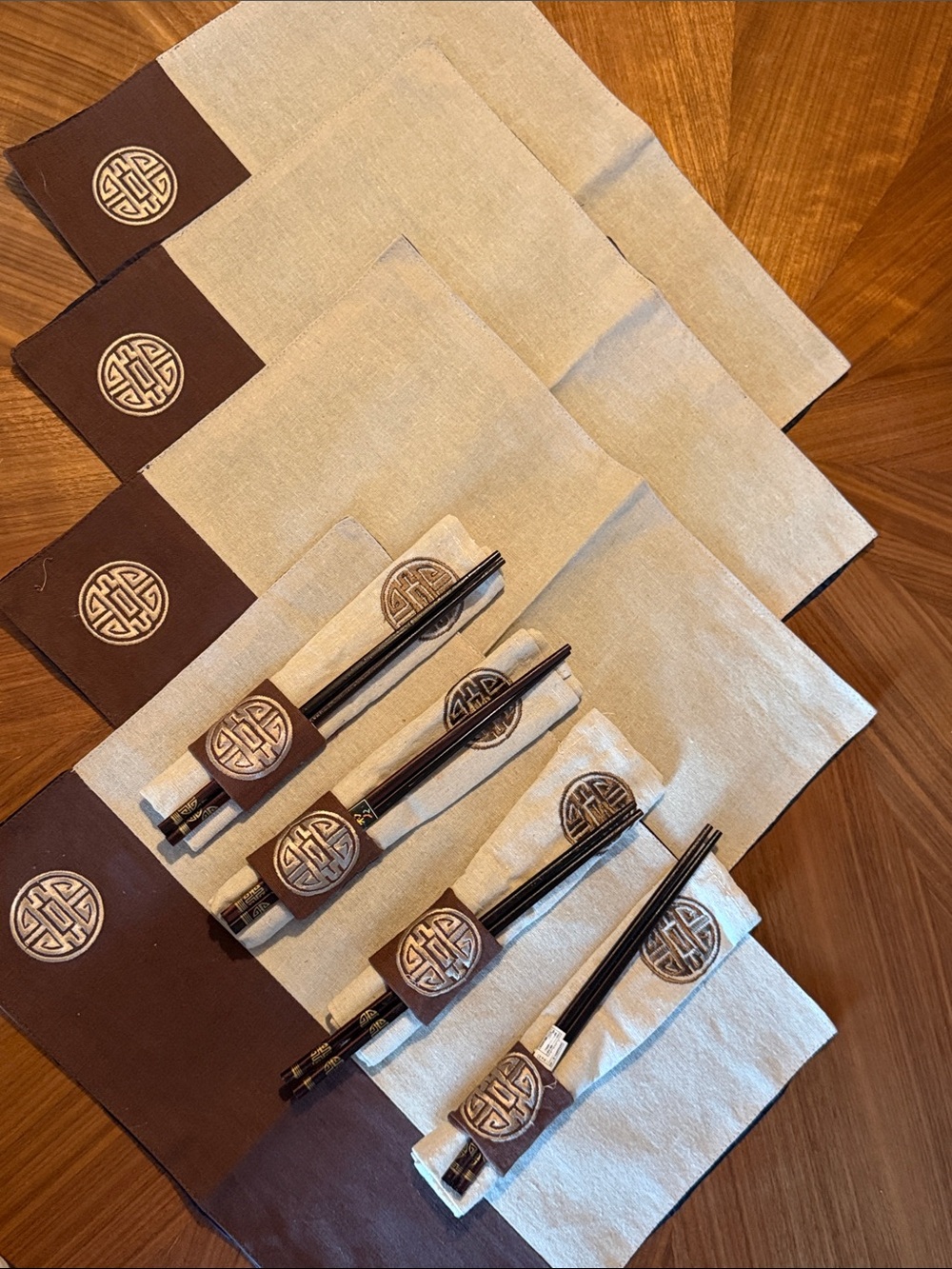 Linen placemats- Brown Linen Chopstick Placemat Set Oriental Embroider Medal